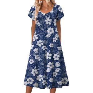 imageZeagoo Women Midi Dresses for Summer 2026 Short Sleeve Casual Flowy Dress A Line Pleated V Neck Beach Sundress with PocketsHawaii Floral
