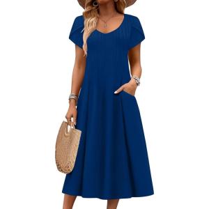 imageZeagoo Women Midi Dresses for Summer 2026 Short Sleeve Casual Flowy Dress A Line Pleated V Neck Beach Sundress with PocketsNavy Blue