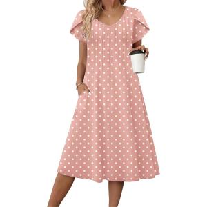 imageZeagoo Women Midi Dresses for Summer 2026 Short Sleeve Casual Flowy Dress A Line Pleated V Neck Beach Sundress with PocketsPink Dot