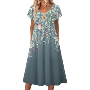 imageZeagoo Women Midi Dresses for Summer 2026 Short Sleeve Casual Flowy Dress A Line Pleated V Neck Beach Sundress with PocketsPlants Gray