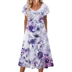 imageZeagoo Women Midi Dresses for Summer 2026 Short Sleeve Casual Flowy Dress A Line Pleated V Neck Beach Sundress with PocketsPurple White