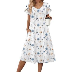 imageZeagoo Women Midi Dresses for Summer 2026 Short Sleeve Casual Flowy Dress A Line Pleated V Neck Beach Sundress with PocketsWhite Blue