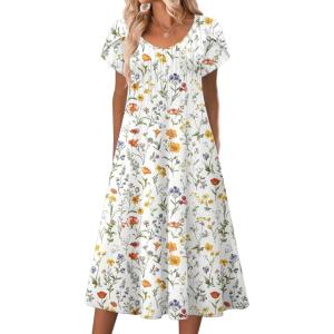 imageZeagoo Women Midi Dresses for Summer 2026 Short Sleeve Casual Flowy Dress A Line Pleated V Neck Beach Sundress with PocketsWhite Floral