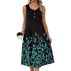 imageZeagoo Women Summer Midi Dress 2026 Sleeveless Casual Beach Sundress Button Down Loose Spring Tank Dresses with PocketsBlack Green
