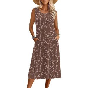 imageZeagoo Women Summer Midi Dress 2026 Sleeveless Casual Beach Sundress Button Down Loose Spring Tank Dresses with PocketsCoffee