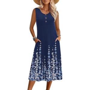 imageZeagoo Women Summer Midi Dress 2026 Sleeveless Casual Beach Sundress Button Down Loose Spring Tank Dresses with PocketsFloral Blue