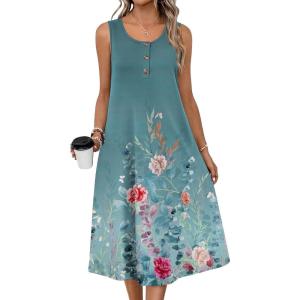 imageZeagoo Women Summer Midi Dress 2026 Sleeveless Casual Beach Sundress Button Down Loose Spring Tank Dresses with PocketsFloral Gray Green