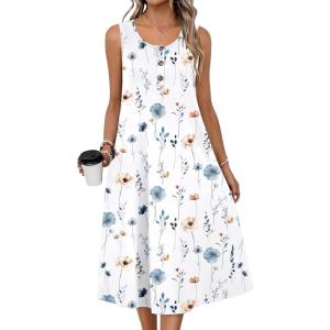 imageZeagoo Women Summer Midi Dress 2026 Sleeveless Casual Beach Sundress Button Down Loose Spring Tank Dresses with PocketsWhite Blue