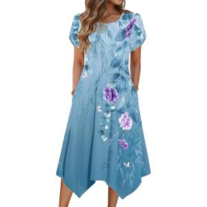 imageZeagoo Womens Casual Dress for Summer Short Sleeve Loose Flowy Beach Dress with Pockets Hankerchief Flare Midi Sundress 202601 Blue
