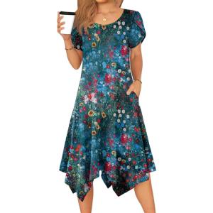 imageZeagoo Womens Casual Dress for Summer Short Sleeve Loose Flowy Beach Dress with Pockets Hankerchief Flare Midi Sundress 202602 Blue