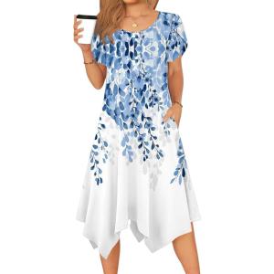 imageZeagoo Womens Casual Dress for Summer Short Sleeve Loose Flowy Beach Dress with Pockets Hankerchief Flare Midi Sundress 202602 White