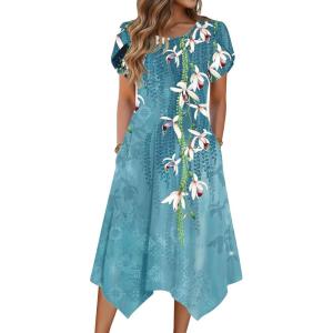 imageZeagoo Womens Casual Dress for Summer Short Sleeve Loose Flowy Beach Dress with Pockets Hankerchief Flare Midi Sundress 202604 Blue