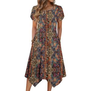 imageZeagoo Womens Casual Dress for Summer Short Sleeve Loose Flowy Beach Dress with Pockets Hankerchief Flare Midi Sundress 2026Brown