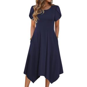 imageZeagoo Womens Casual Dress for Summer Short Sleeve Loose Flowy Beach Dress with Pockets Hankerchief Flare Midi Sundress 2026Solid Navy