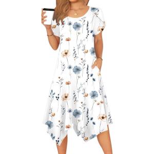 imageZeagoo Womens Casual Dress for Summer Short Sleeve Loose Flowy Beach Dress with Pockets Hankerchief Flare Midi Sundress 2026White
