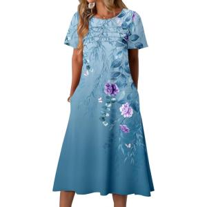 imageZeagoo Womens Casual Dresses for Summer Short Sleeve Flare Midi Dress Loose Beach Sundress Pleated Front Dress with Pockets01 Blue Floral