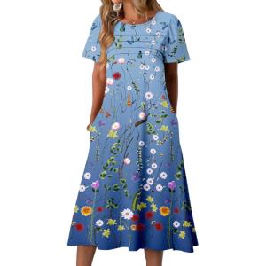 imageZeagoo Womens Casual Dresses for Summer Short Sleeve Flare Midi Dress Loose Beach Sundress Pleated Front Dress with Pockets02 Blue Floral