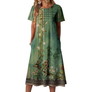imageZeagoo Womens Casual Dresses for Summer Short Sleeve Flare Midi Dress Loose Beach Sundress Pleated Front Dress with Pockets02 Green Floral