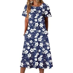 imageZeagoo Womens Casual Dresses for Summer Short Sleeve Flare Midi Dress Loose Beach Sundress Pleated Front Dress with Pockets02 Navy Floral