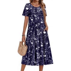 imageZeagoo Womens Casual Dresses for Summer Short Sleeve Flare Midi Dress Loose Beach Sundress Pleated Front Dress with Pockets03 Navy Floral