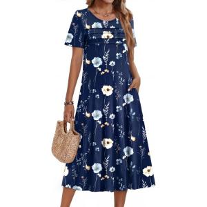 imageZeagoo Womens Casual Dresses for Summer Short Sleeve Flare Midi Dress Loose Beach Sundress Pleated Front Dress with Pockets04 Navy Floral