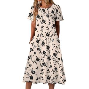 imageZeagoo Womens Casual Dresses for Summer Short Sleeve Flare Midi Dress Loose Beach Sundress Pleated Front Dress with PocketsBeige Floral