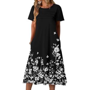 imageZeagoo Womens Casual Dresses for Summer Short Sleeve Flare Midi Dress Loose Beach Sundress Pleated Front Dress with PocketsBlack Floral