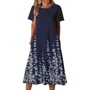 imageZeagoo Womens Casual Dresses for Summer Short Sleeve Flare Midi Dress Loose Beach Sundress Pleated Front Dress with PocketsBlue Floral