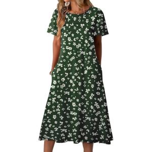 imageZeagoo Womens Casual Dresses for Summer Short Sleeve Flare Midi Dress Loose Beach Sundress Pleated Front Dress with PocketsGreen Floral