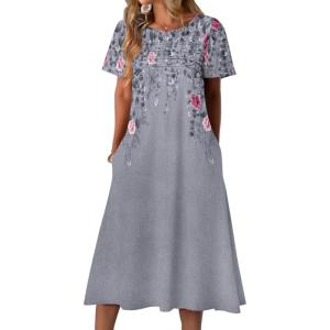 imageZeagoo Womens Casual Dresses for Summer Short Sleeve Flare Midi Dress Loose Beach Sundress Pleated Front Dress with PocketsGrey Floral