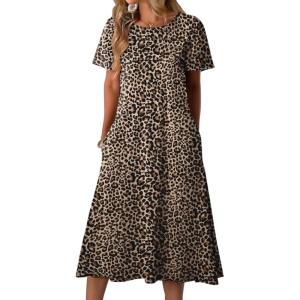 imageZeagoo Womens Casual Dresses for Summer Short Sleeve Flare Midi Dress Loose Beach Sundress Pleated Front Dress with PocketsLeopard Print