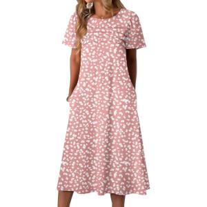 imageZeagoo Womens Casual Dresses for Summer Short Sleeve Flare Midi Dress Loose Beach Sundress Pleated Front Dress with PocketsPink Polka Dots