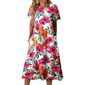 imageZeagoo Womens Casual Dresses for Summer Short Sleeve Flare Midi Dress Loose Beach Sundress Pleated Front Dress with PocketsRed Floral