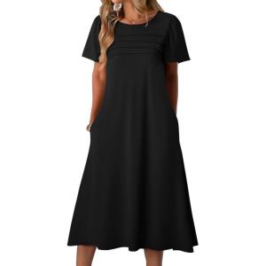 imageZeagoo Womens Casual Dresses for Summer Short Sleeve Flare Midi Dress Loose Beach Sundress Pleated Front Dress with PocketsSolid Black
