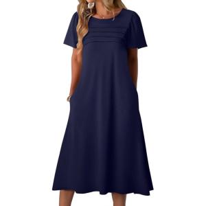 imageZeagoo Womens Casual Dresses for Summer Short Sleeve Flare Midi Dress Loose Beach Sundress Pleated Front Dress with PocketsSolid Navy