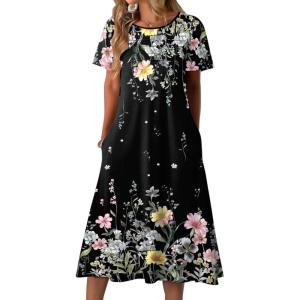 imageZeagoo Womens Casual Dresses for Summer Short Sleeve Flare Midi Dress Loose Beach Sundress Pleated Front Dress with PocketsWf120