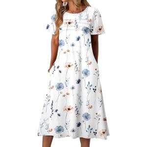 imageZeagoo Womens Casual Dresses for Summer Short Sleeve Flare Midi Dress Loose Beach Sundress Pleated Front Dress with PocketsWhite Floral