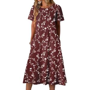 imageZeagoo Womens Casual Dresses for Summer Short Sleeve Flare Midi Dress Loose Beach Sundress Pleated Front Dress with PocketsWine Red Floral
