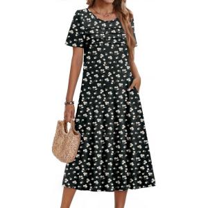 imageZeagoo Womens Casual Dresses for Summer Short Sleeve Flare Midi Dress Loose Beach Sundress Pleated Front Dress with PocketsXh33