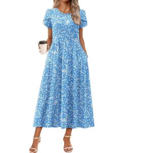 imageZeagoo Womens Maxi Dresses Summer Bohemian Floral Short Sleeve Long Dress Casual Flowy Tired Beach SundressBlue Floral