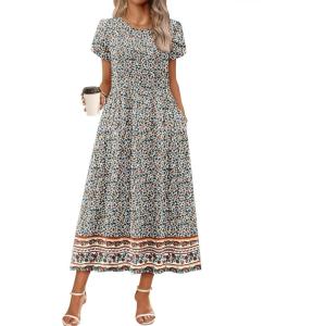 imageZeagoo Womens Maxi Dresses Summer Bohemian Floral Short Sleeve Long Dress Casual Flowy Tired Beach SundressMz914