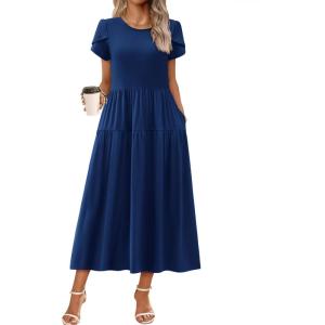 imageZeagoo Womens Maxi Dresses Summer Bohemian Floral Short Sleeve Long Dress Casual Flowy Tired Beach SundressNavy Blue