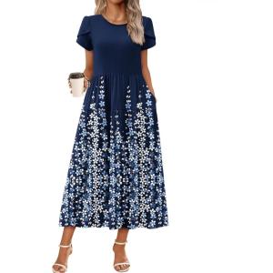 imageZeagoo Womens Maxi Dresses Summer Bohemian Floral Short Sleeve Long Dress Casual Flowy Tired Beach SundressNavy Blue Flower