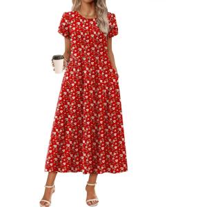 imageZeagoo Womens Maxi Dresses Summer Bohemian Floral Short Sleeve Long Dress Casual Flowy Tired Beach SundressRed Floral