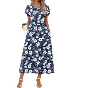 imageZeagoo Womens Maxi Dresses Summer Bohemian Floral Short Sleeve Long Dress Casual Flowy Tired Beach SundressSf157