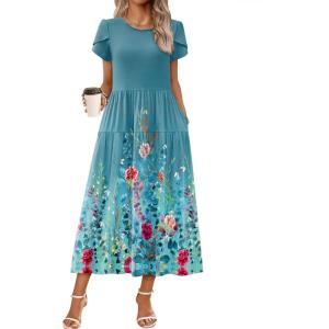 imageZeagoo Womens Maxi Dresses Summer Bohemian Floral Short Sleeve Long Dress Casual Flowy Tired Beach SundressWf115