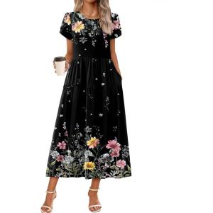 imageZeagoo Womens Maxi Dresses Summer Bohemian Floral Short Sleeve Long Dress Casual Flowy Tired Beach SundressWf120