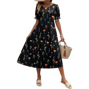 imageZeagoo Womens Summer Dress Casual Midi Dresses 2026 Short Puff Sleeve Flare Dress Pleated Flowy Sundress with PocketsBlack Floral 01