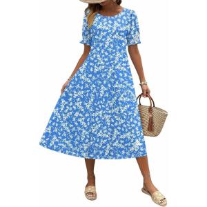 imageZeagoo Womens Summer Dress Casual Midi Dresses 2026 Short Puff Sleeve Flare Dress Pleated Flowy Sundress with PocketsBlue Floral 01