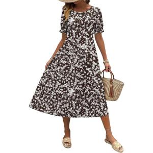 imageZeagoo Womens Summer Dress Casual Midi Dresses 2026 Short Puff Sleeve Flare Dress Pleated Flowy Sundress with PocketsBrown Floral 01